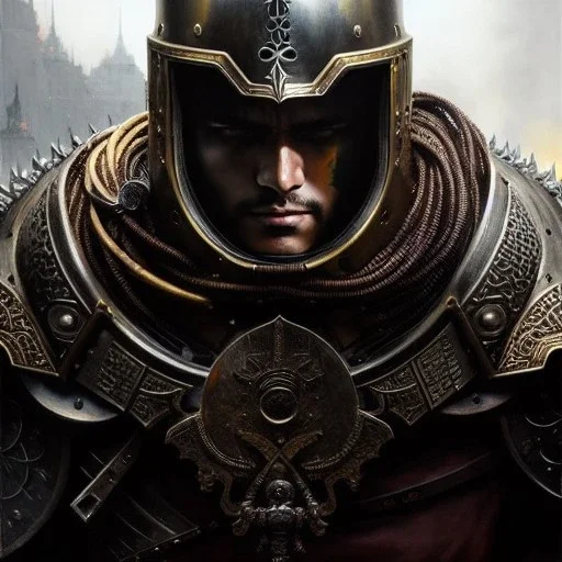 portrait 'Grunbeld-Berserk',ancient metal armor and helmet ,painting by gaston bussiere, greg rutkowski, yoji shinkawa, yoshitaka amano, tsutomu nihei, donato giancola, tim hildebrandt, oil on canvas, cinematic composition, extreme detail,fit full head inside picture,16k