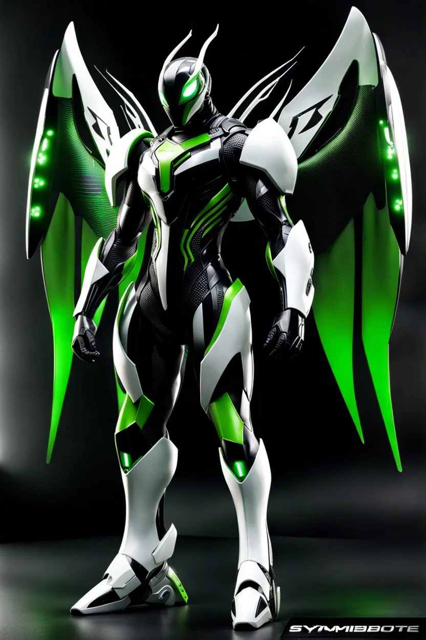 Cyborg symbiote, white color, green color, tendrils, high tech, cyberpunk, biopunk, membrane wings, carbon fiber