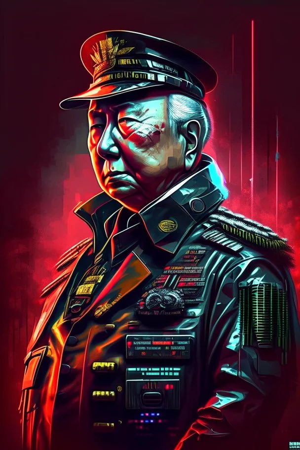 Soeharto former president of Republic Indonesia in militiary cyberpunk style