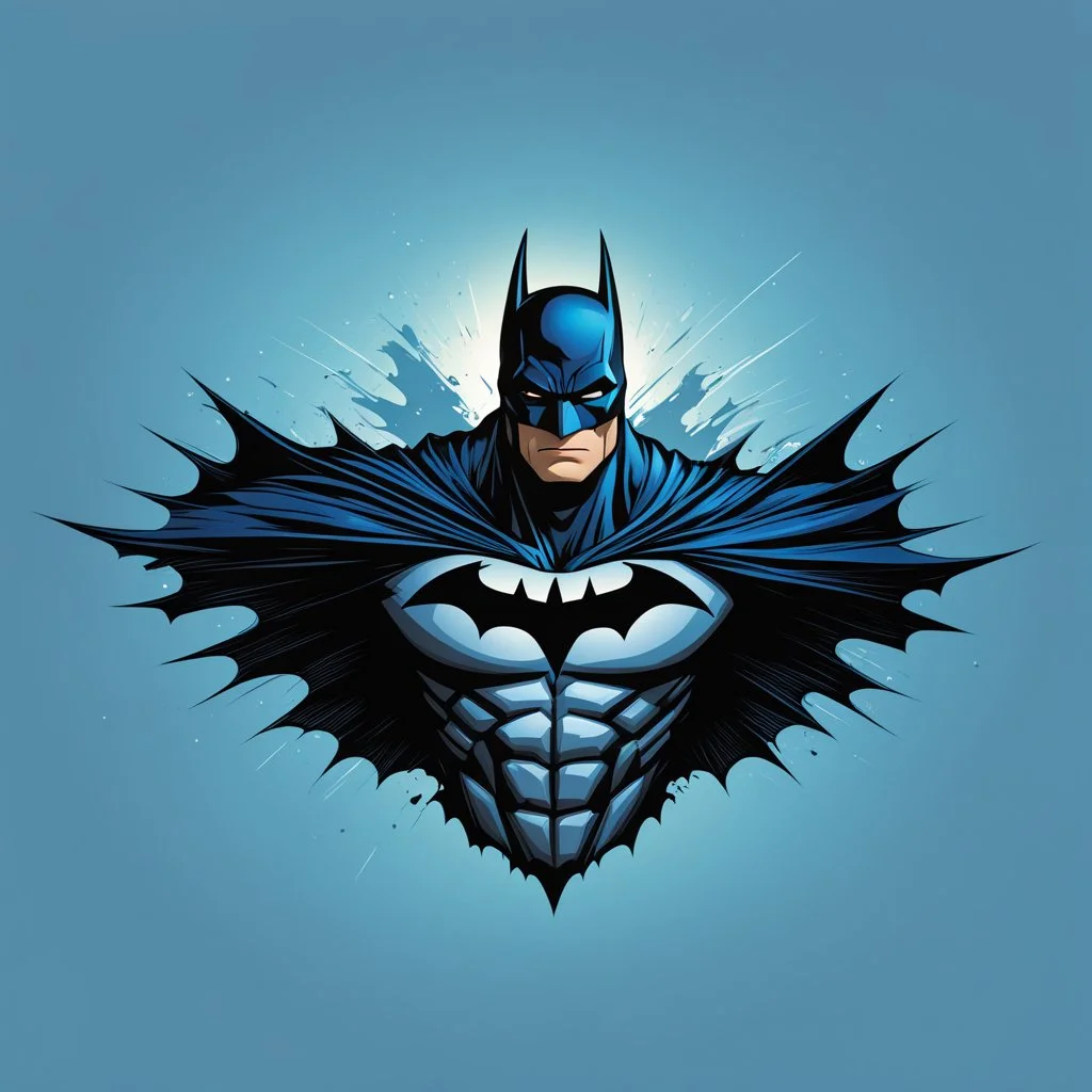 Logo vectorial de Batman, vista frontal, calidad ultra, hiperdetallado, 8k, colores complementarios, cielo azul, arte lineal