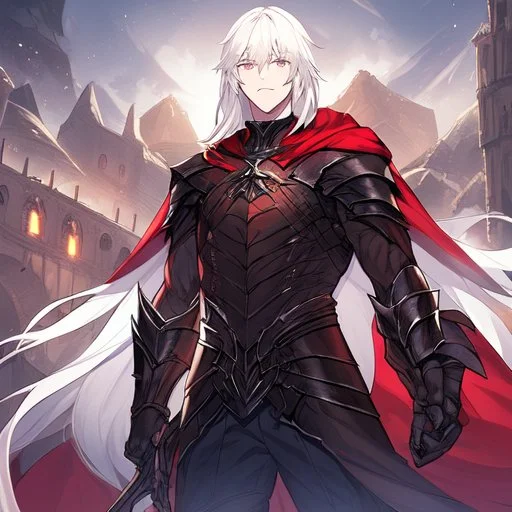 Vampire knight, young man, long white hair, black full plate armor, red cape