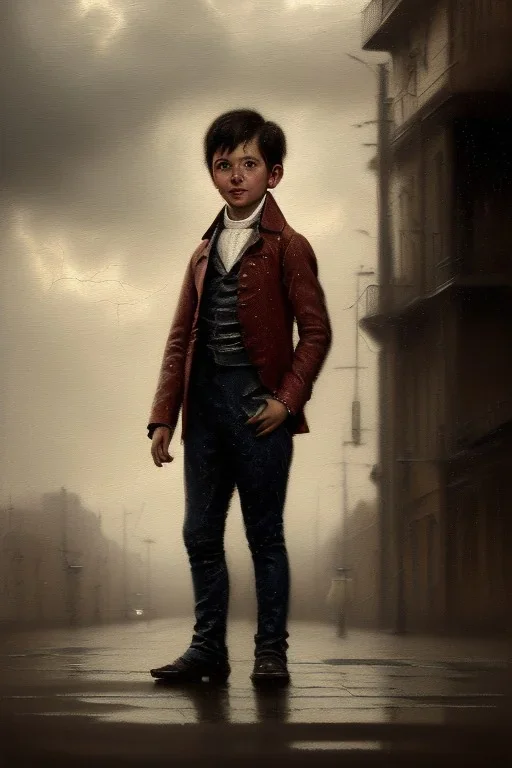 photorealistic oil painting of boy in 1820, standing on a street corner, dimly lit, dark clouds, rain, lightning