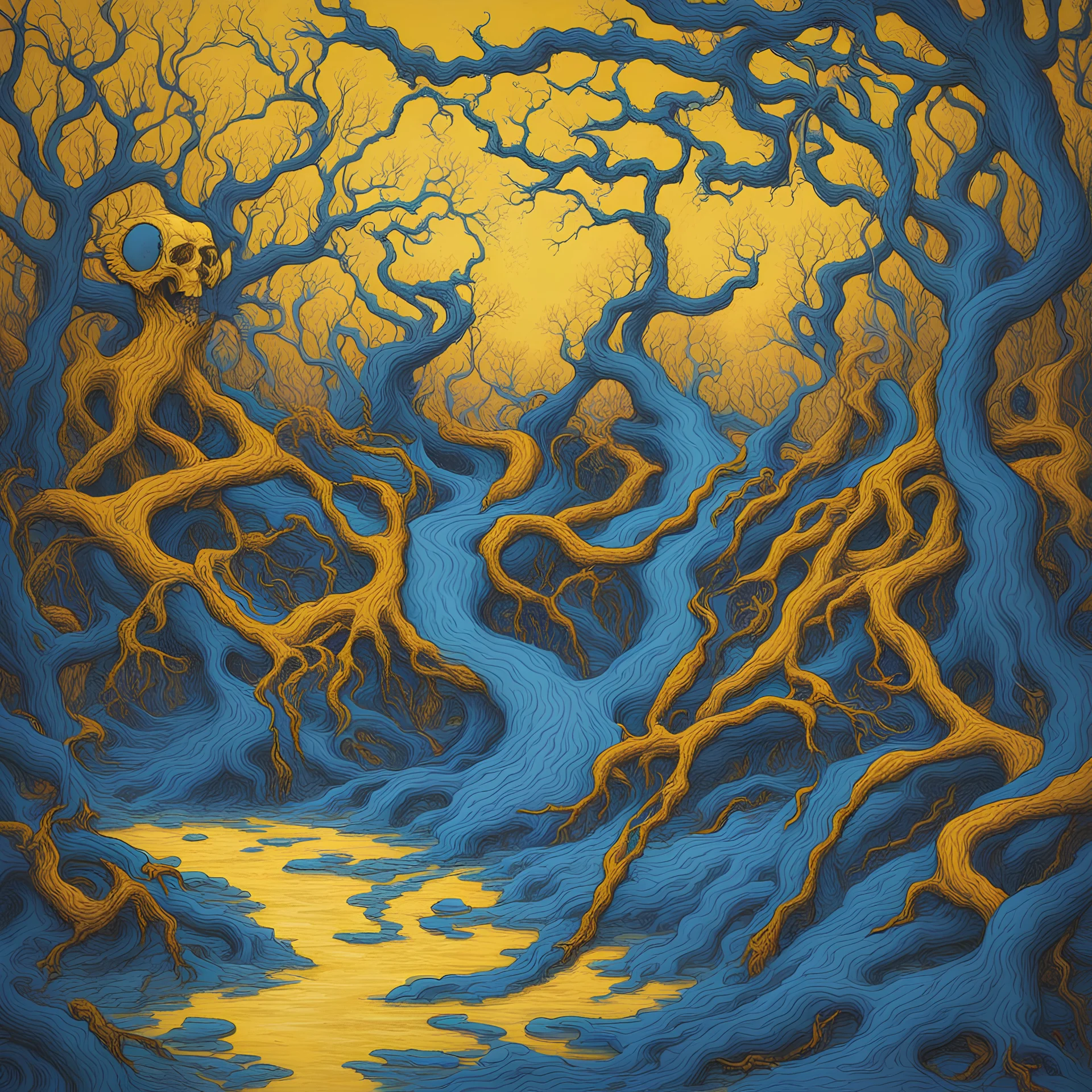 DISMEMBER Like An Ever Flowing Stream twisted creppy branches and evil skulls yellow and blue