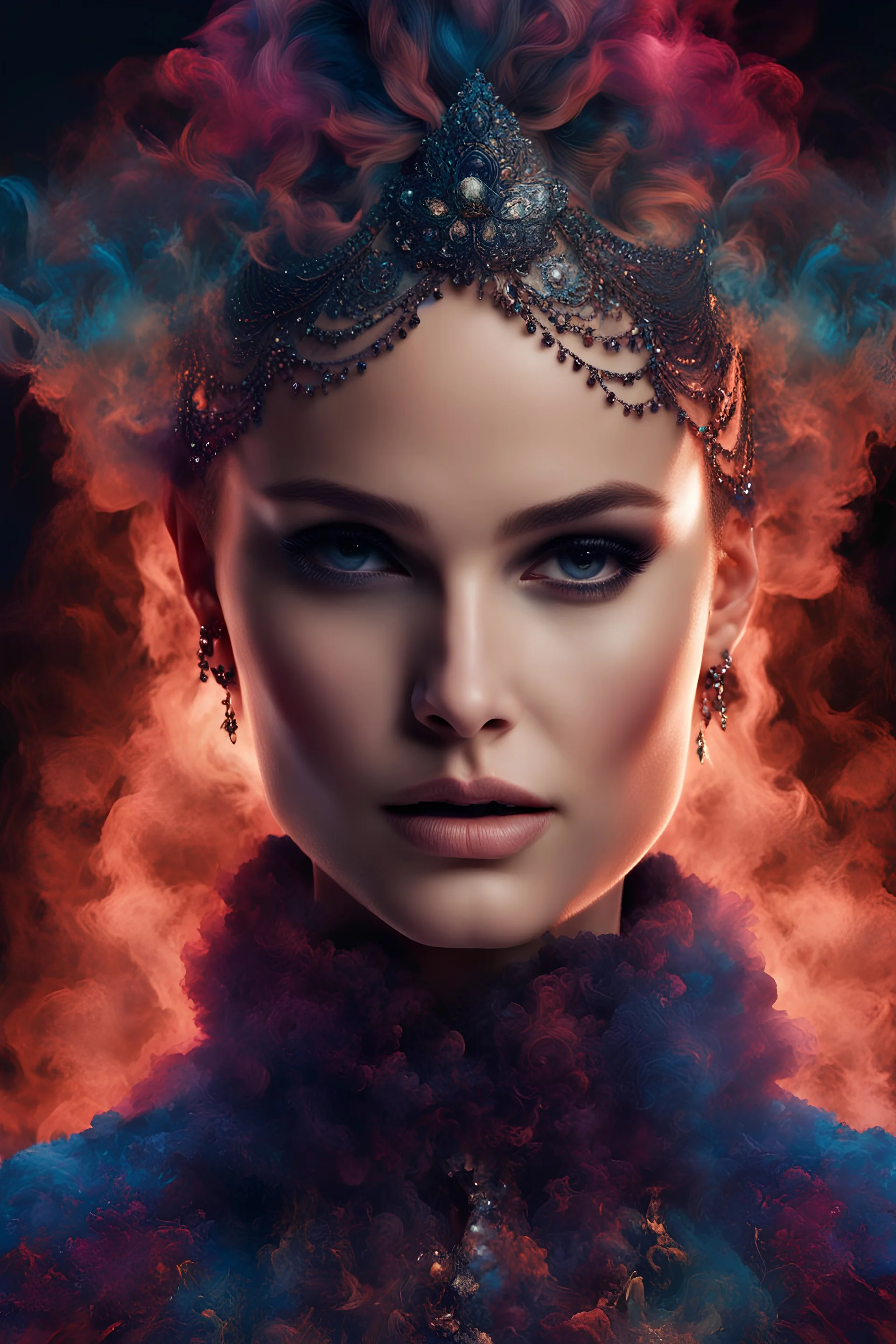 Natalie Portman Made Of Coloured Smoke, ϕ, Ultra Detailed Artistic, Midnight Aura, Dreamy, Glowing, Glamour, Glimmer, Shadows, Ultra High Definition, 8k, Ultra Sharp Focus, Intricate Artwork Masterpiece, Highly Detailed, Vibrant, Ultra High Quality Model
