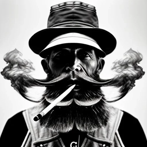pencil Black and white Portrait of old fishermen sitting on a chair ,long beard, smoke coming out of Wooden Tobacco Smoking Pipe ,wearing a bucket hat, fantasy 8k by Van Gogh