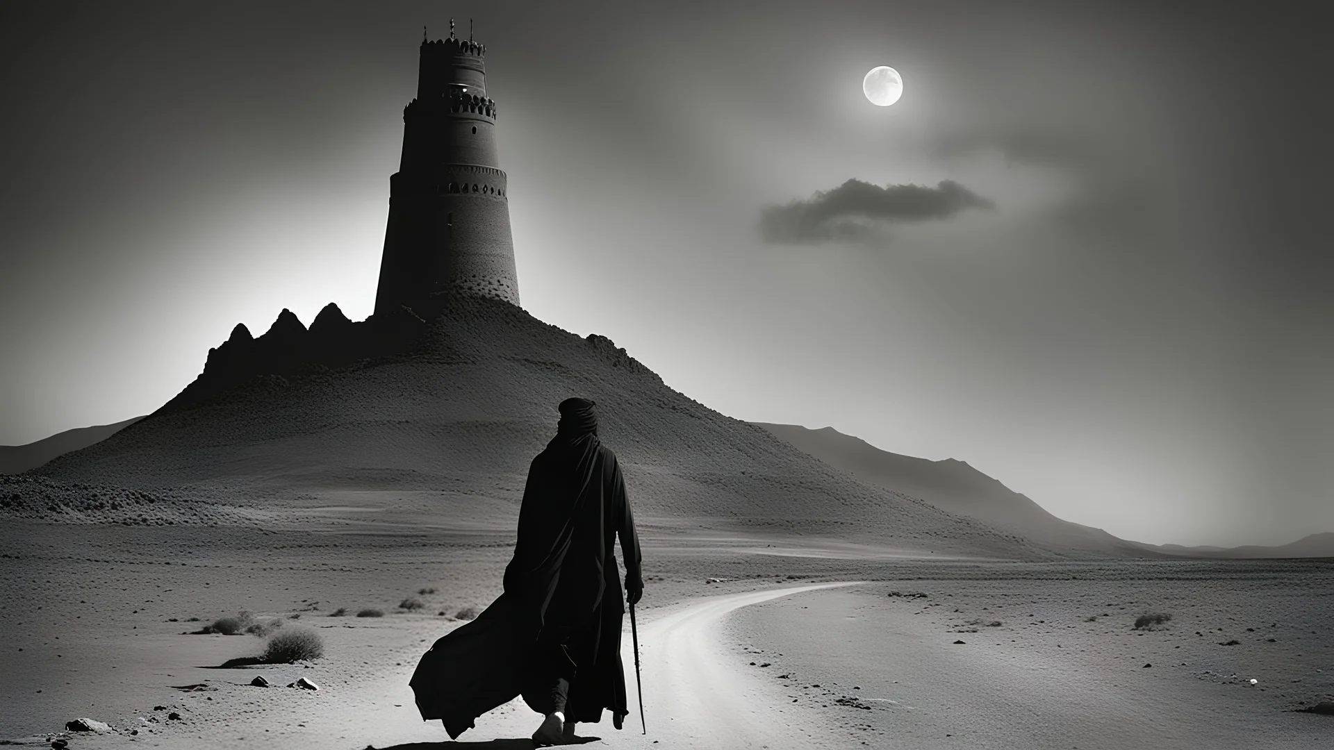 Omani dark tower , dark Grayscale, Mystical Wise