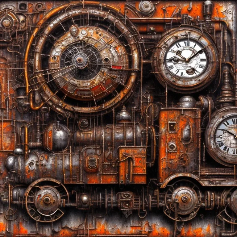 an abstract painting of an old locomotive, rust, scaffolding, iron cladding, decay, mixed media, textured, anatomically correct, melted clock, highly detailed