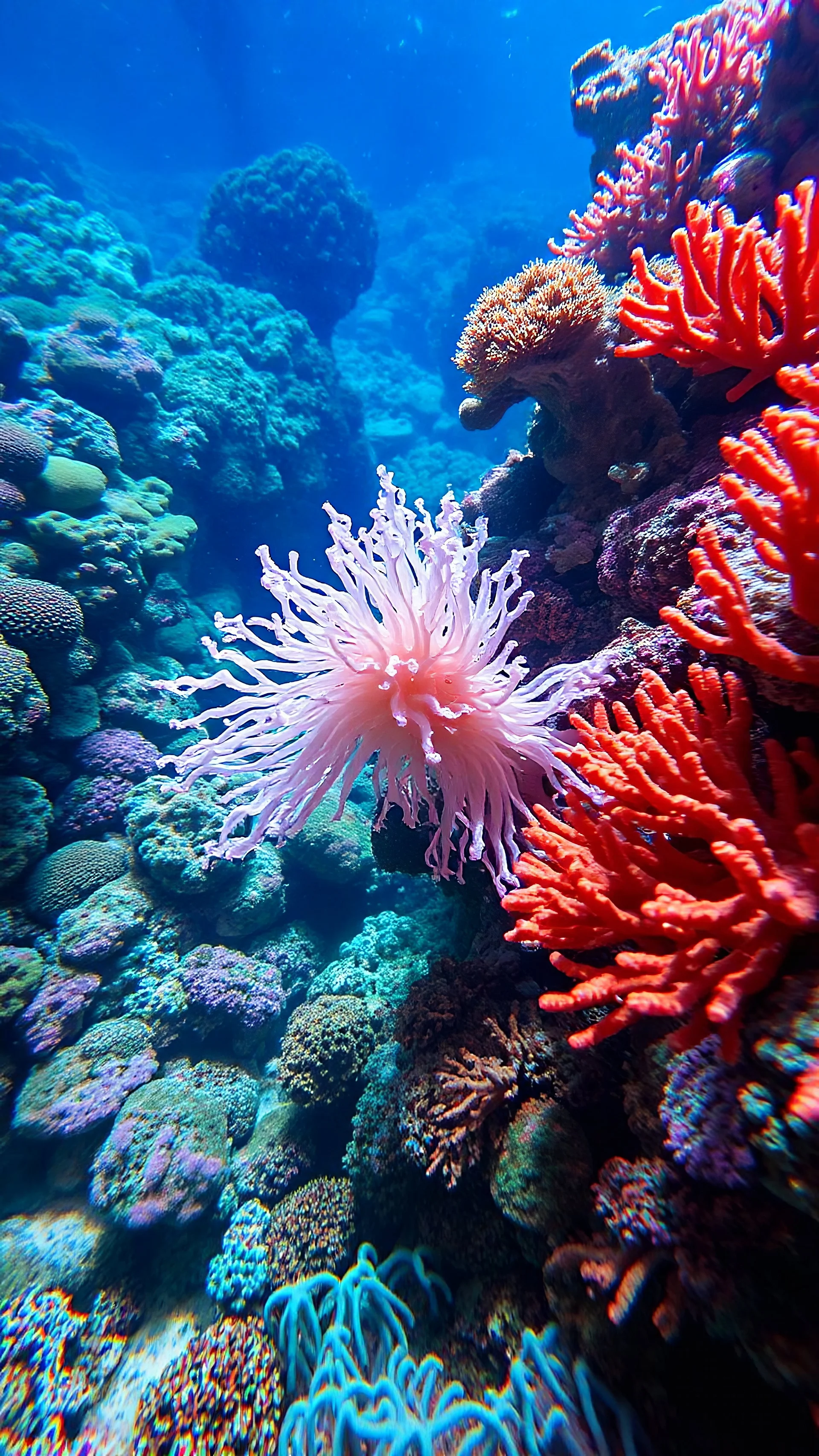 Prompt: A vibrant coral reef teeming with life, with a giant siphonophore subtly integrated into the scene, emphasizing the harmony of the underwater environment. Duration: 5 seconds.