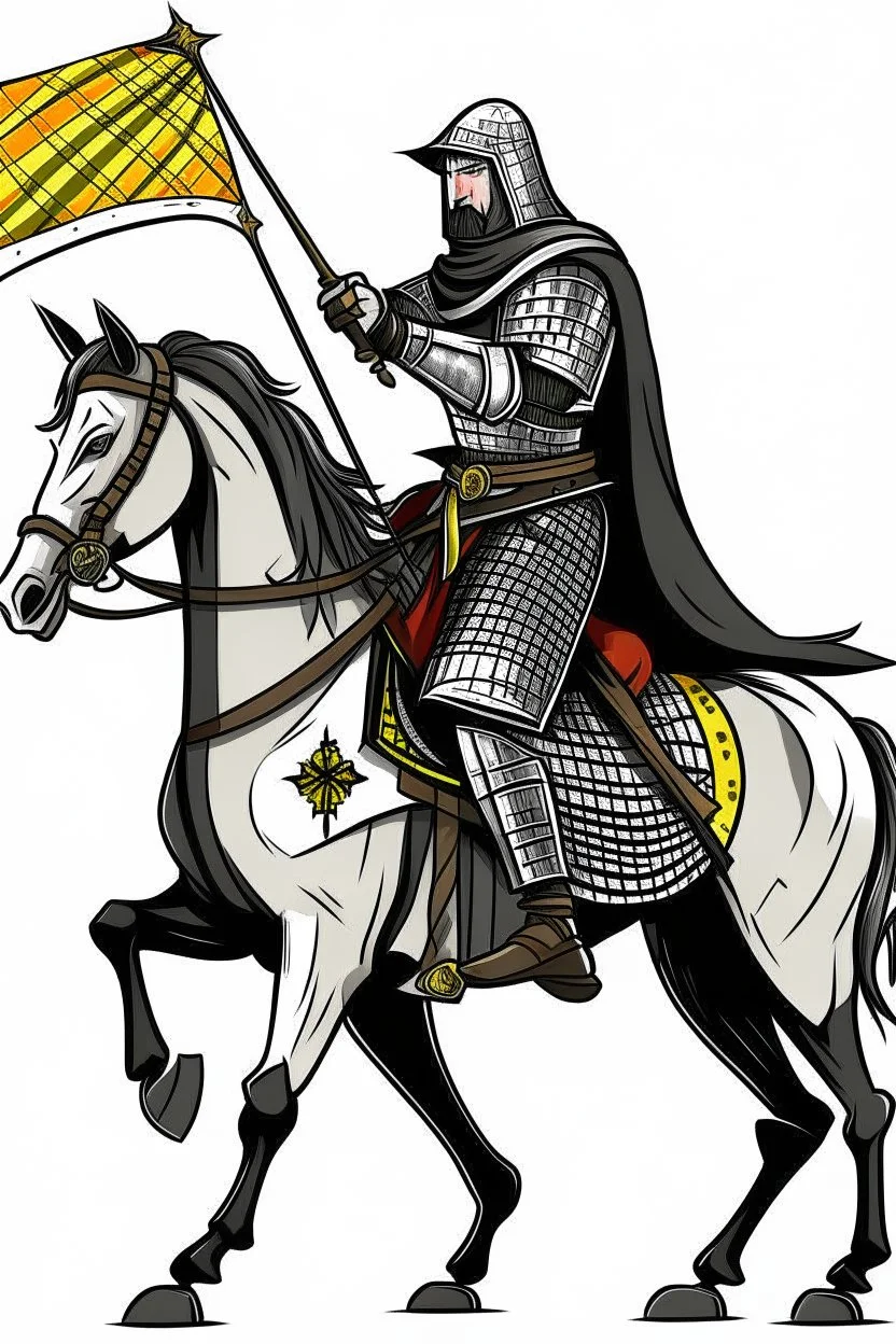 Medieval knight with a black and white checkered cape with a bright colored Lance riding a horse