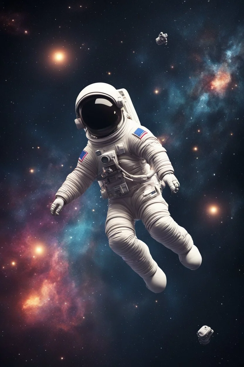 A small falling cartoon astronaut floating in space over a dim background with lots of distant stars and galaxies and quasars and nebulas. Realistic textures and grains. Render in HD 8K quality. High quality textures and details.