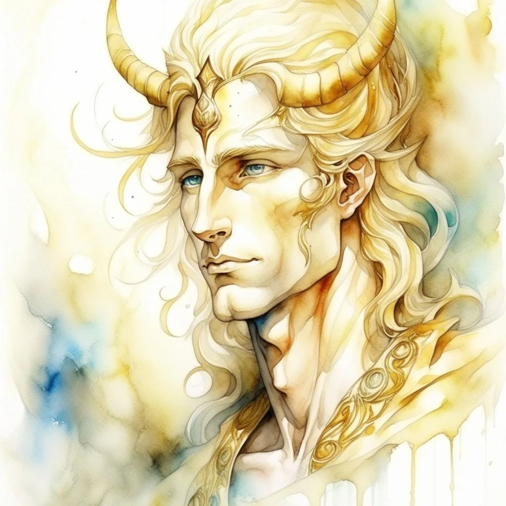 fantasy, dramatic portrait, marble statue of an elf male, watercolour, golden hair, warrior, mighty