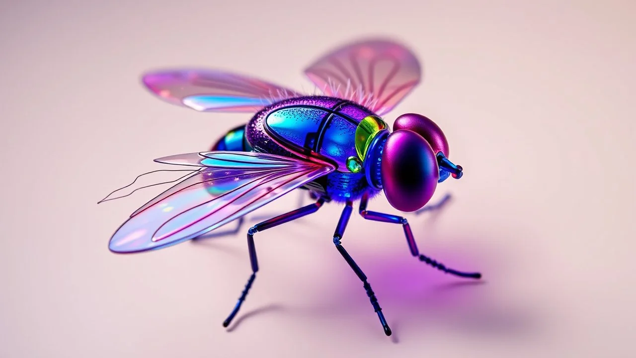 colorful giant blow fly that built with cosmic holographic glass, bright and fancy. palette: purple, pink, blue