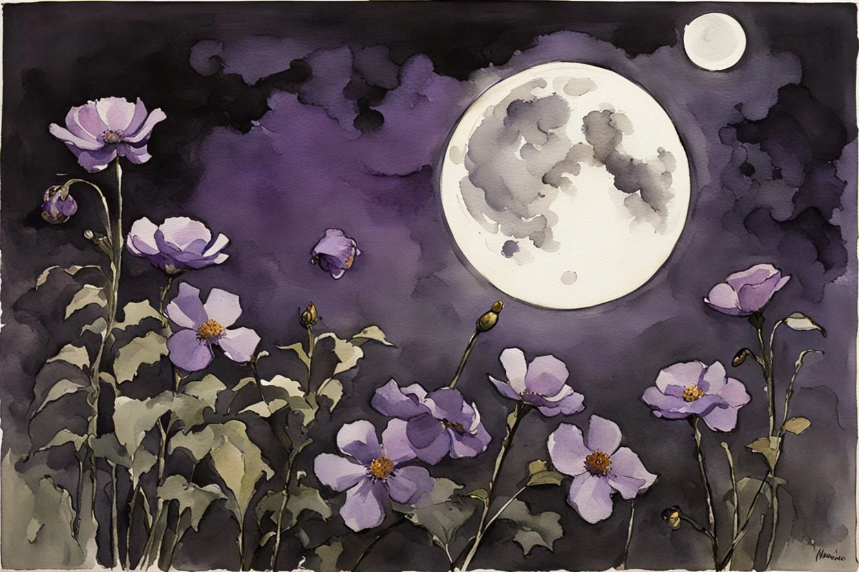 Night, purple flowers, moon, gothic horror films influence, winslow homer watercolor paintings