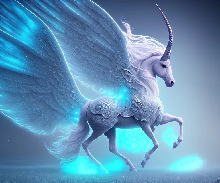 surreal illustration of a colors frozen ground, realistic, surrealism, surreal unicorn with glowing wings, glowing soft and smooth wings, shadow, abstract surreal fantasy art, highly detailed, intricate patterns on wings, soft studio lighting, smooth dark blue background 64k