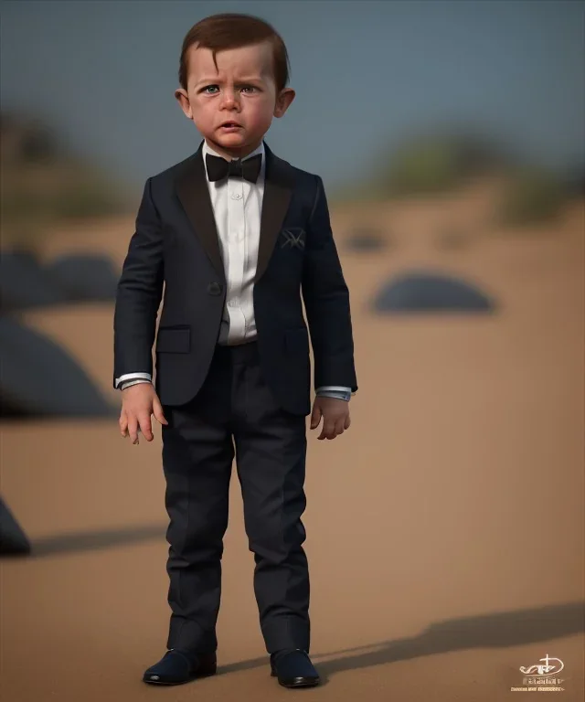 James bond toddler, full body, dramatic lighting, hyper realistic