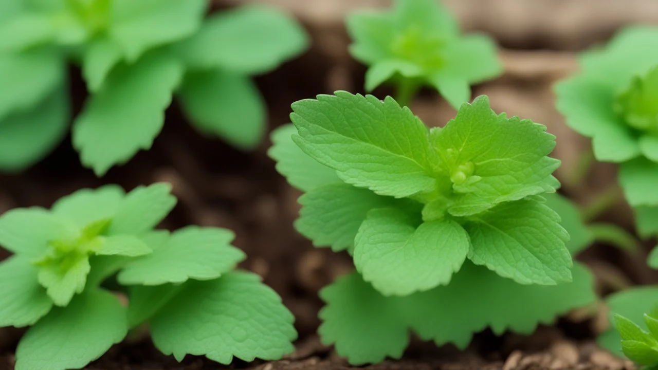 The mint is just starting to sprout, showing its fresh, bright green leaves. The artist uses bright greens and white to embody the freshness and vitality of mint. Small leaves and small white flowers that adorn the plant can be painted.