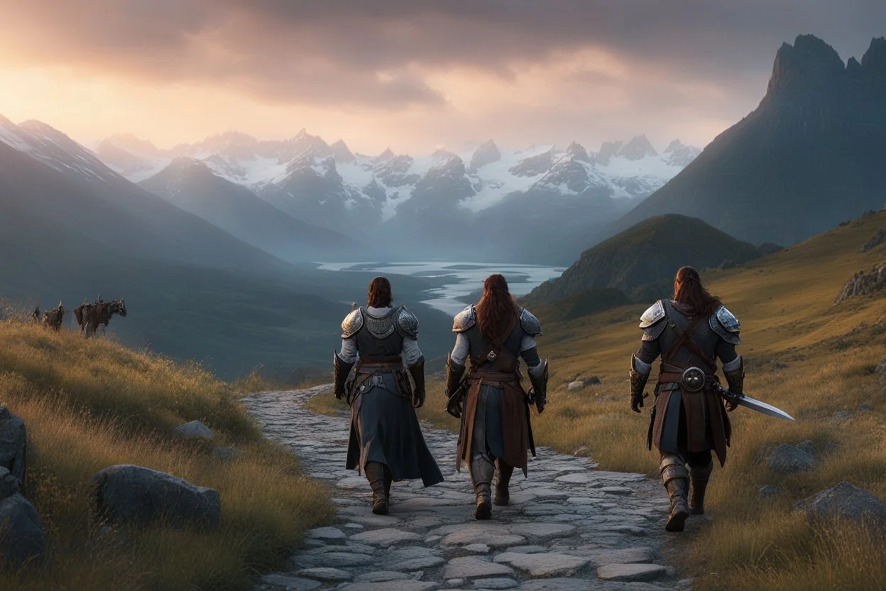 A panoramic, cinematic film still capturing Griz, a imposing female half-orc cleric, and a stoic male grey Ranger walking side-by-side on a rugged highland path at dusk. The scene is shot on 75mm Technicolor, Panavision, and presented in Cinemascope (2.35:1) with sharp focus, fine details, and an 8k HDR realistic texture. Griz (left) has greenish skin marked by visible ritual scars, intelligent burning yellow eyes, and an intense expression as she speaks softly. She wears sturdy fur boots, dark