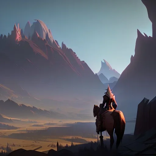  mountains with medieval knight traveling on a horse in the background