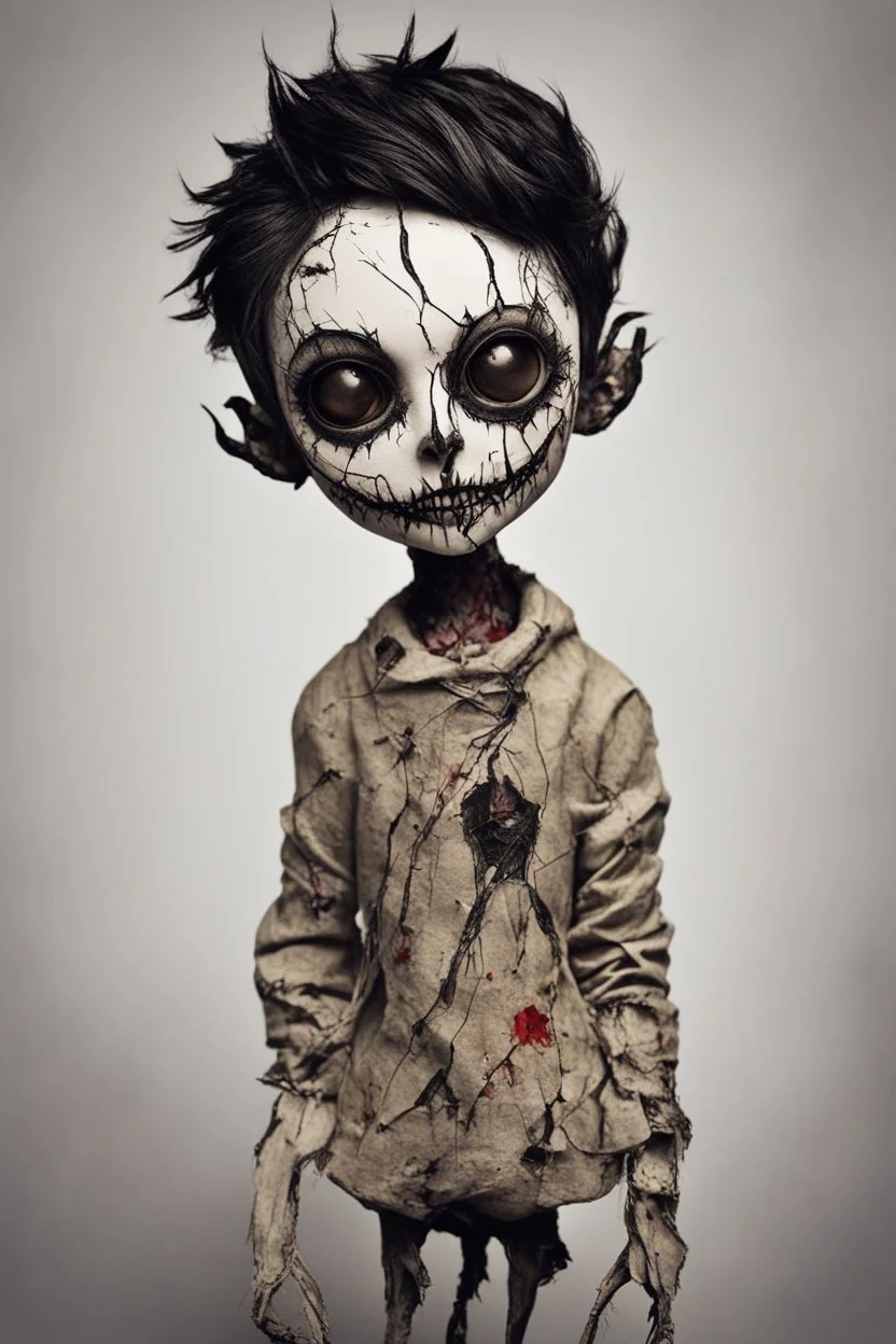 full color, illustration of a dark, menacing, short haired, monster girl, as a decayed, broken, crude homemade cloth doll toy, with a narrow cracked porcelain face, thick dark eyebrows, hair made from ragged strips of cloth, in the style of Alex Pardee, Tim Burton, and Nadya Sheremet