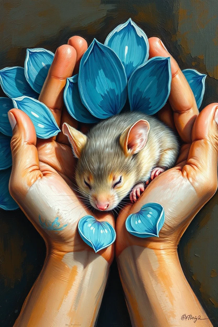 "An oil painting with rich textures and expressive brushstrokes depicts a mouse peacefully sleeping in to two hands palms The mouse’s fur harmonizes with the scene, featuring soft patches of cream, bluish-gray, and subtle amber hues that blend with the warmth of the hands ,The hands are painted in a vibrant artistic style, with ethereal petals in shades of sky blue, turquoise, and sapphire, contrasting with natural hands skin