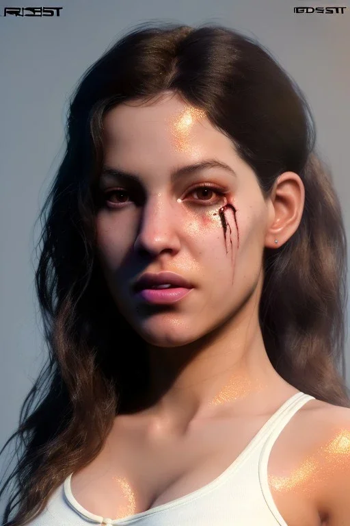 Ultra Realistic image, Rosalía artist, natural body ,portrait, normal complexion, portrait, clean skin, two bows, black eye long liner, sweet face, torn t-shirt, fog, vibrant color, highly detailed, art stations, concept art, smooth, unreal engine 5, god rays, ray tracing, RTX, lumen lighting, ultra detail, volumetric lighting, 3d.