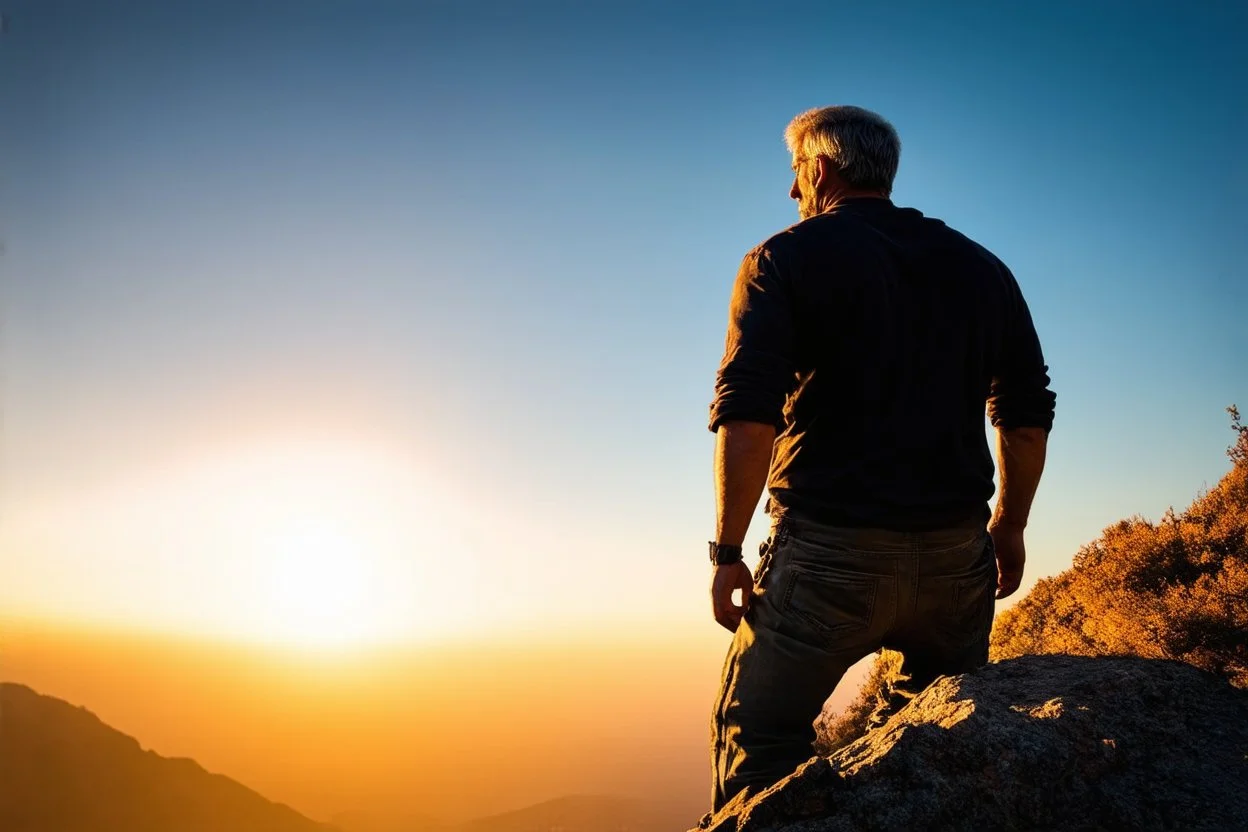 a brawny man with grey hair views sunset from a cliff