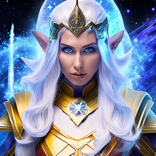 cosmic mage, elf, female, battle mage, epic, cosmic magic, long ears, white hair, face details, pale skin, jewellery, broad shoulders, glowing eyes, sharp ears, cosmic clothes, bright eyes, cosmic eyes, ears shown, light out of eyes, the cosmos in eyes, stars in eyes, shining eyes, small jaw, non human face, thin face, animation, detailed ears, magical eyes