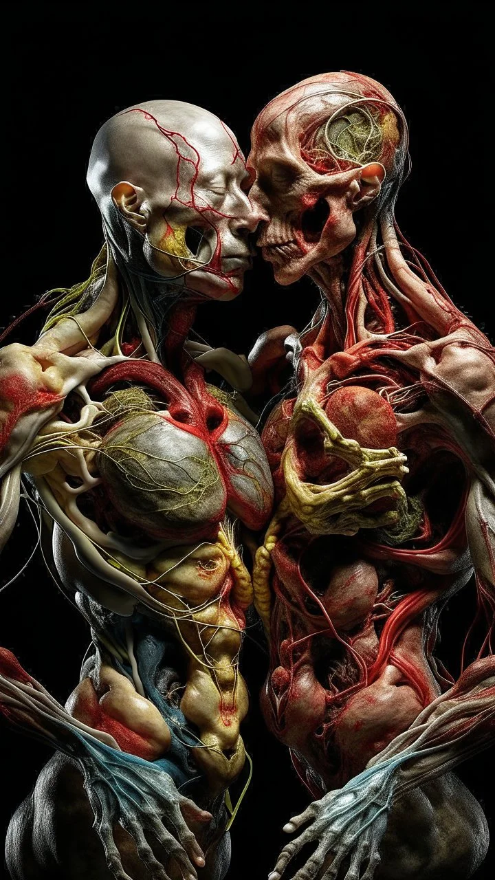 cinematic gore photorealistic fleshy dmt lsd photo of 2 conjoined mangled twisted entangled bodies making love, 1 soul vortex, complementary, anatomically fragmented, ripped apart again being flayed, skinned alive. A beating heart, muscles, blood vessels, bowels, entrails are exposed. anatomy. physiology. Bosch and Dali inspired hallucinations. mythology. grotesque.