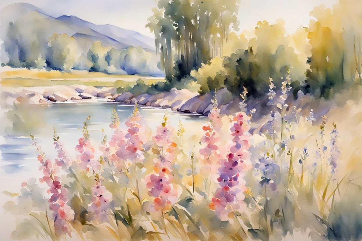 Sunny day, flowers, mountains, river, epic, john singer sargent watercolor paintings