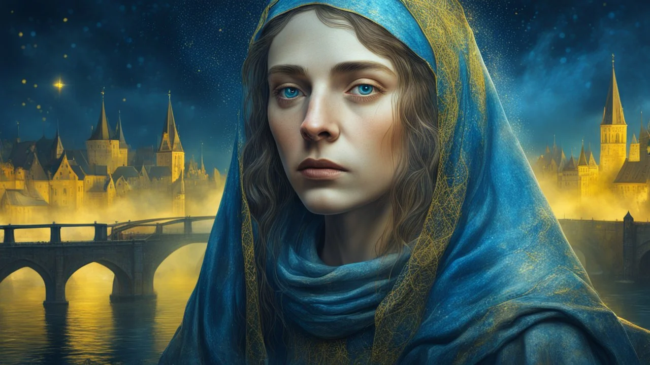 Old canvas, Portrait of a Medieval beautiful sad woman 20 years old, fantasy, night, fog, blue, yellow, city, bridge, water, sparkles, fine drawing, bright colors, high resolution, 3D, clear lines, photorealism,