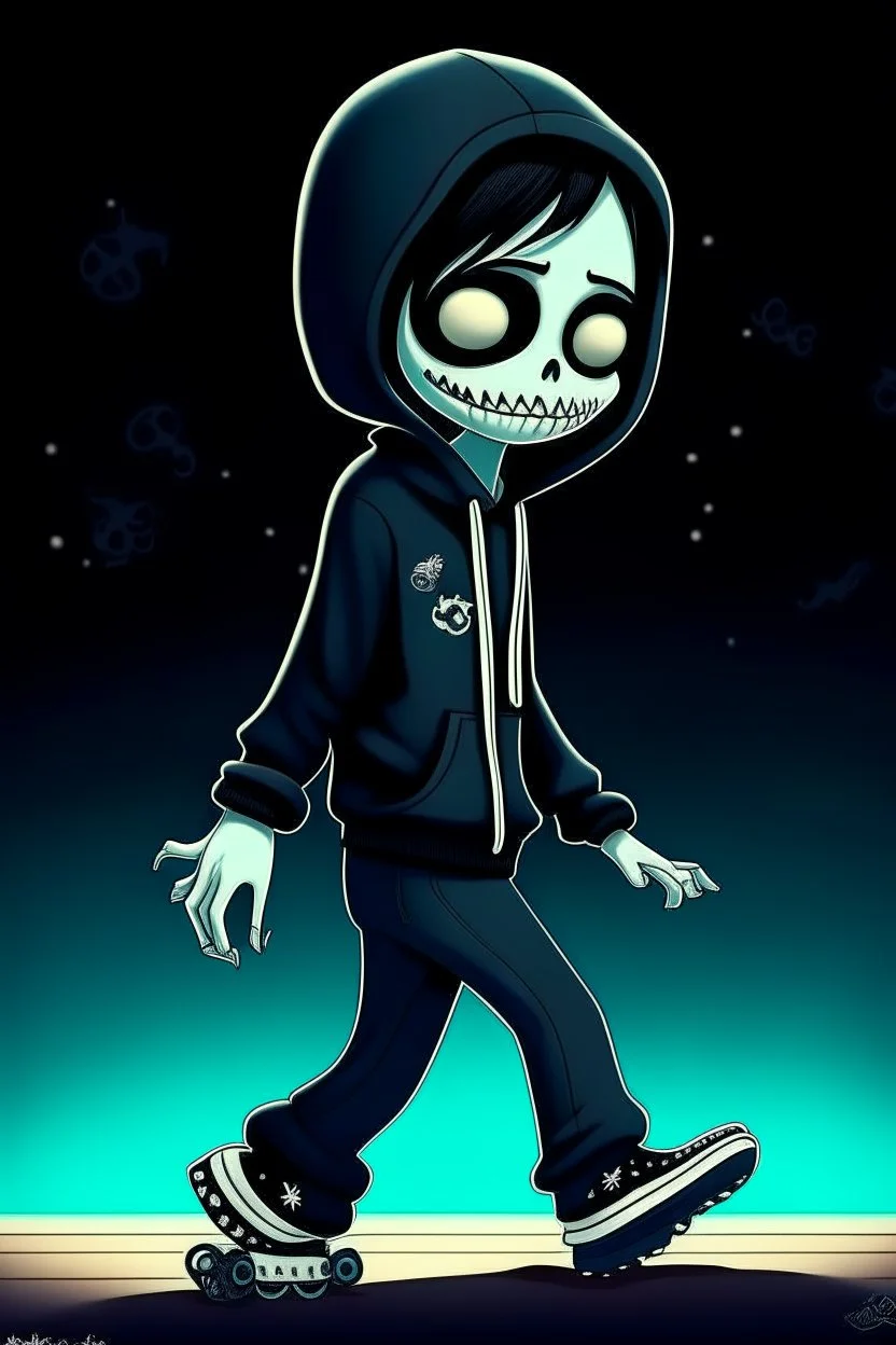 a cute animation boy, skateboarding , trendy hoody, 8 k, tim Burton skeleton style from the movie "night before Xmas", realistic animation, gothic