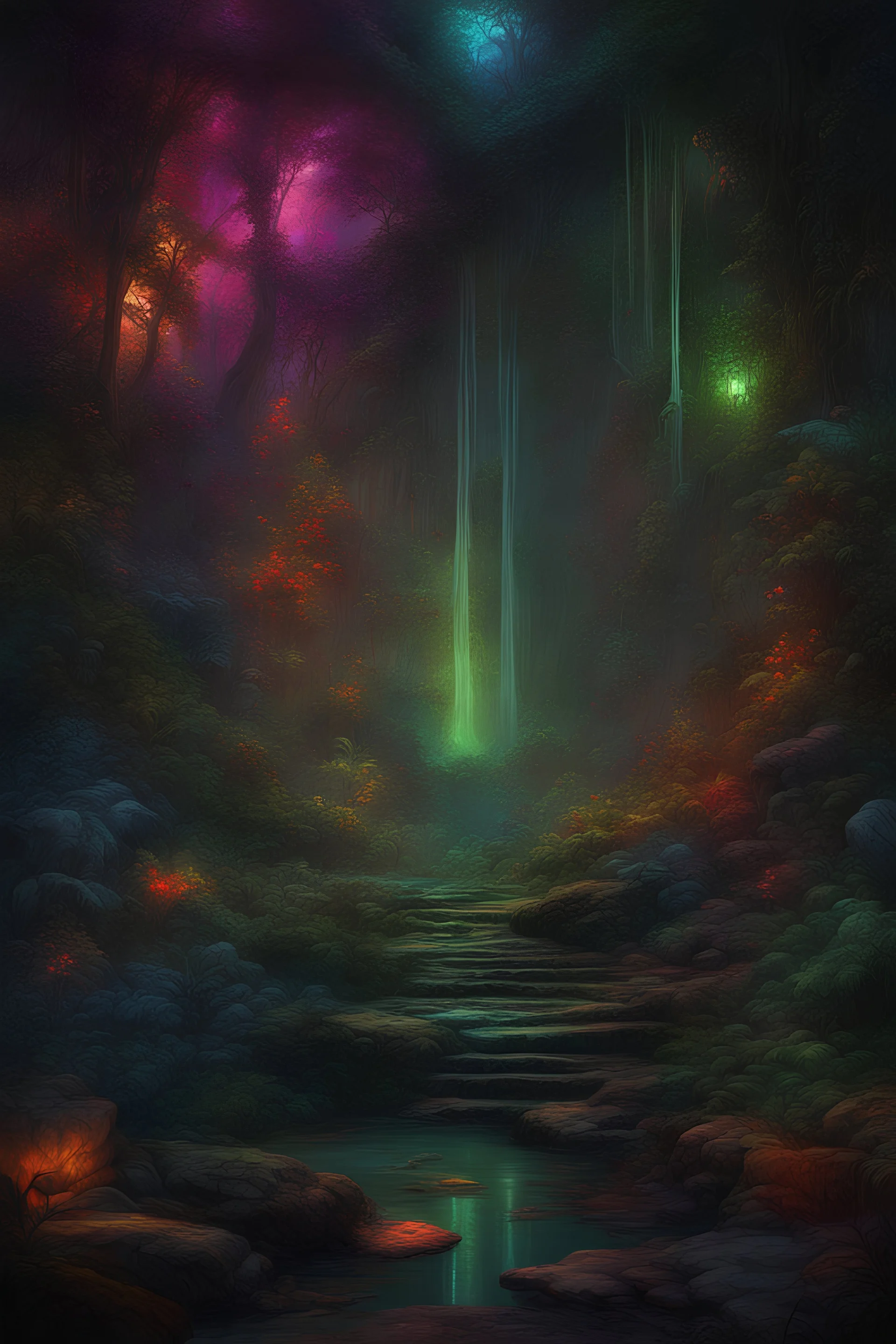 A colourful jungle a masterpiece, highres dark fantasy concept art, dynamic lighting, hyperdetailed, intricate, Splash screen art, vibrant colour, volumetric lighting, triadic complementary colours glow particles