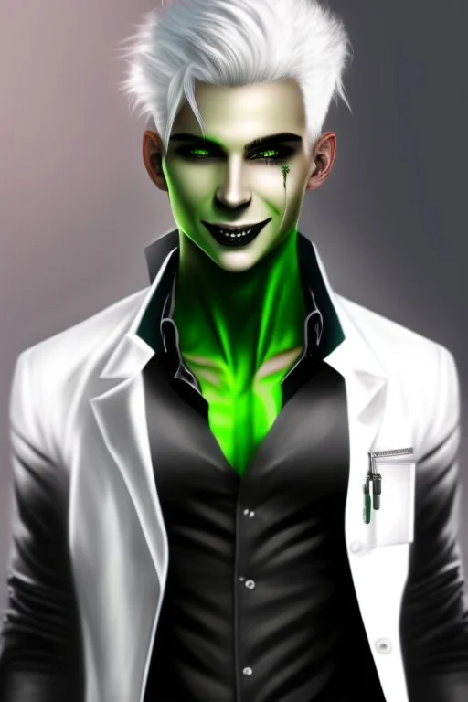 plauge doctor in balck leather clothes with silver hair, pale skin and bright green eyes smiling with sharp teeth, nice young face