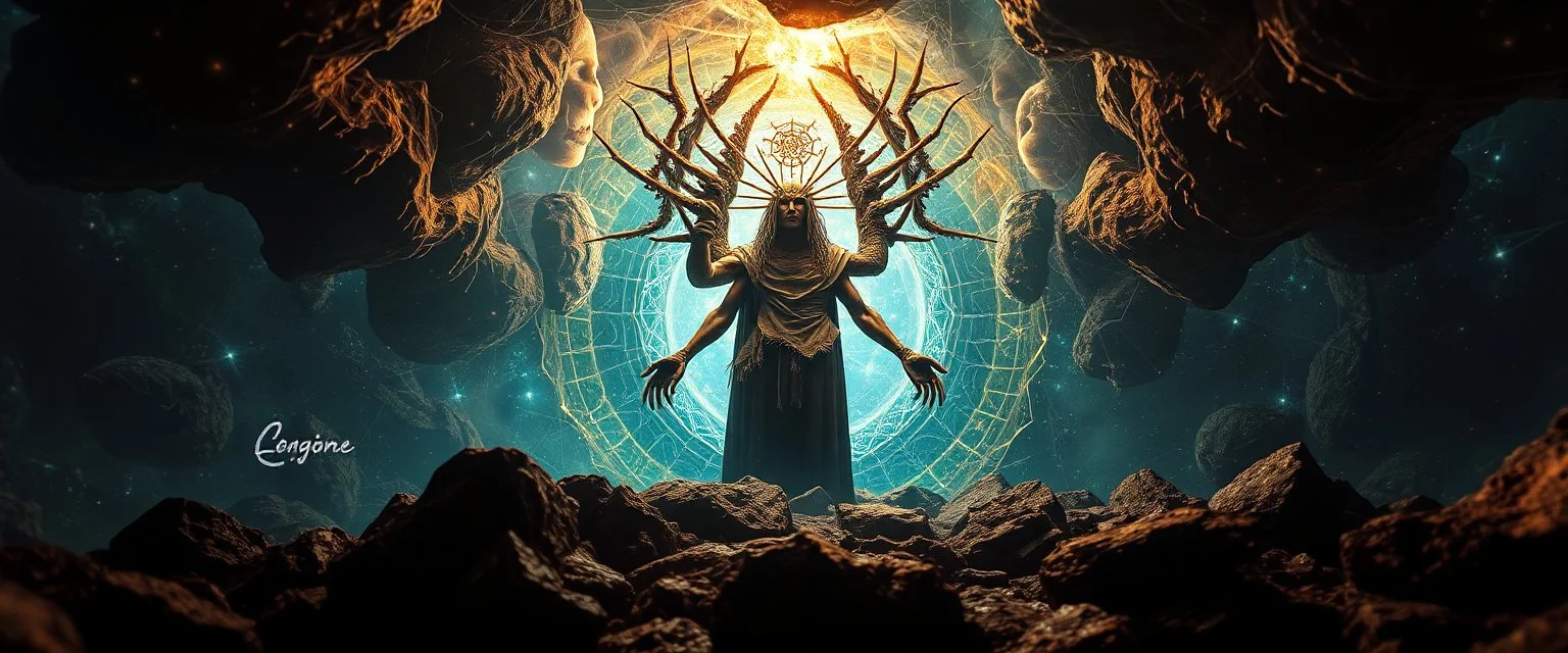 close up of abraxas in the fish eye web, interdimensional portal