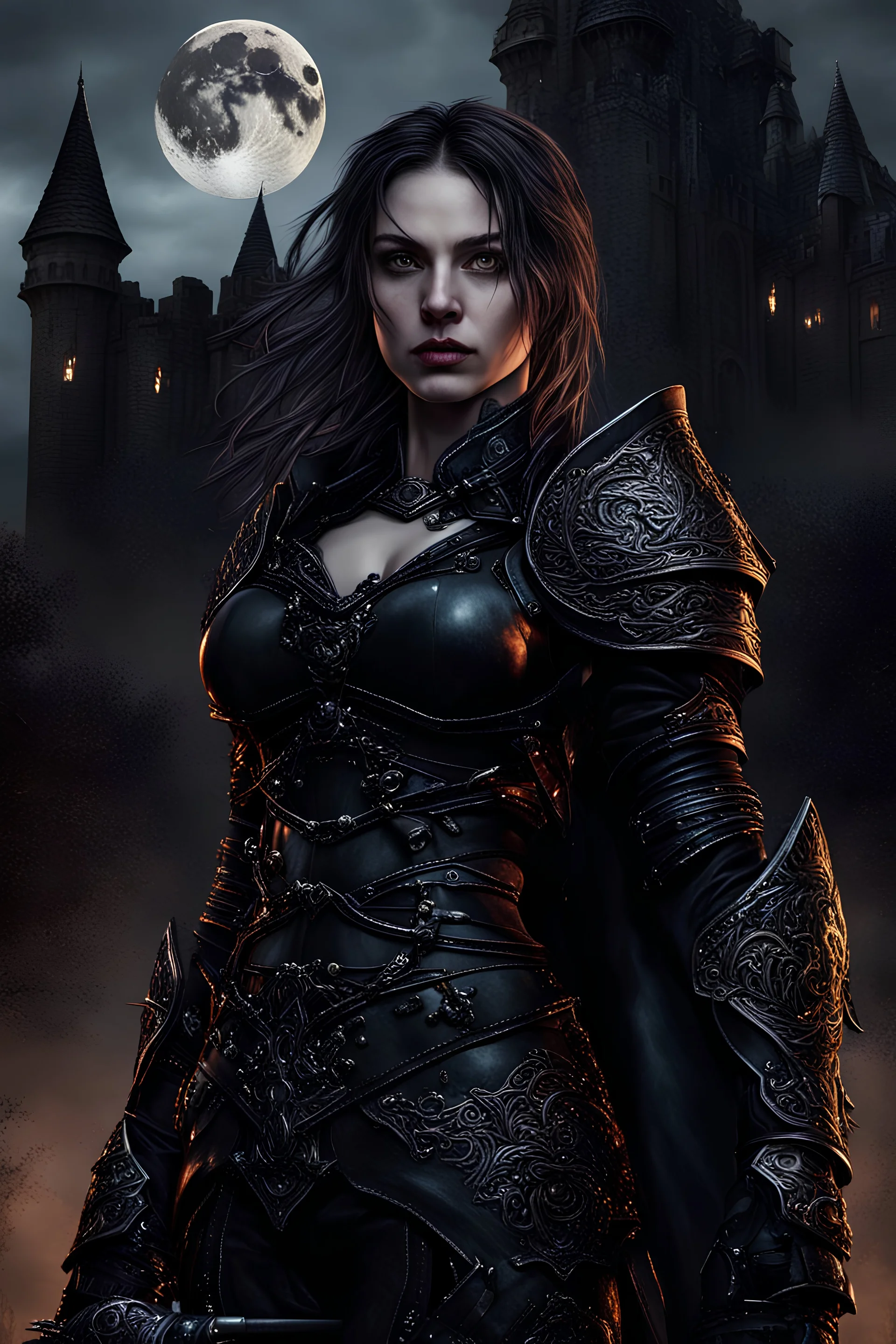 A formidable warrior girl in black armor, against the background of an amazing gloomy landscape, flooded with the light of two moons, mountains, trees, a fabulous scary landscape, juicy emotions, painting, dark fantasy, gloomy day, dark world, portrait, Gothic Town At Night, Fantasy, Intricate Details, Castle Courtyard Gardens, Hyper Detailed, by very detailed portrait mixing the fantastic muscular realism of Boris Vallejo, bringing together the artists Carne Griffiths, Wadim Kashin, Jose Royo,