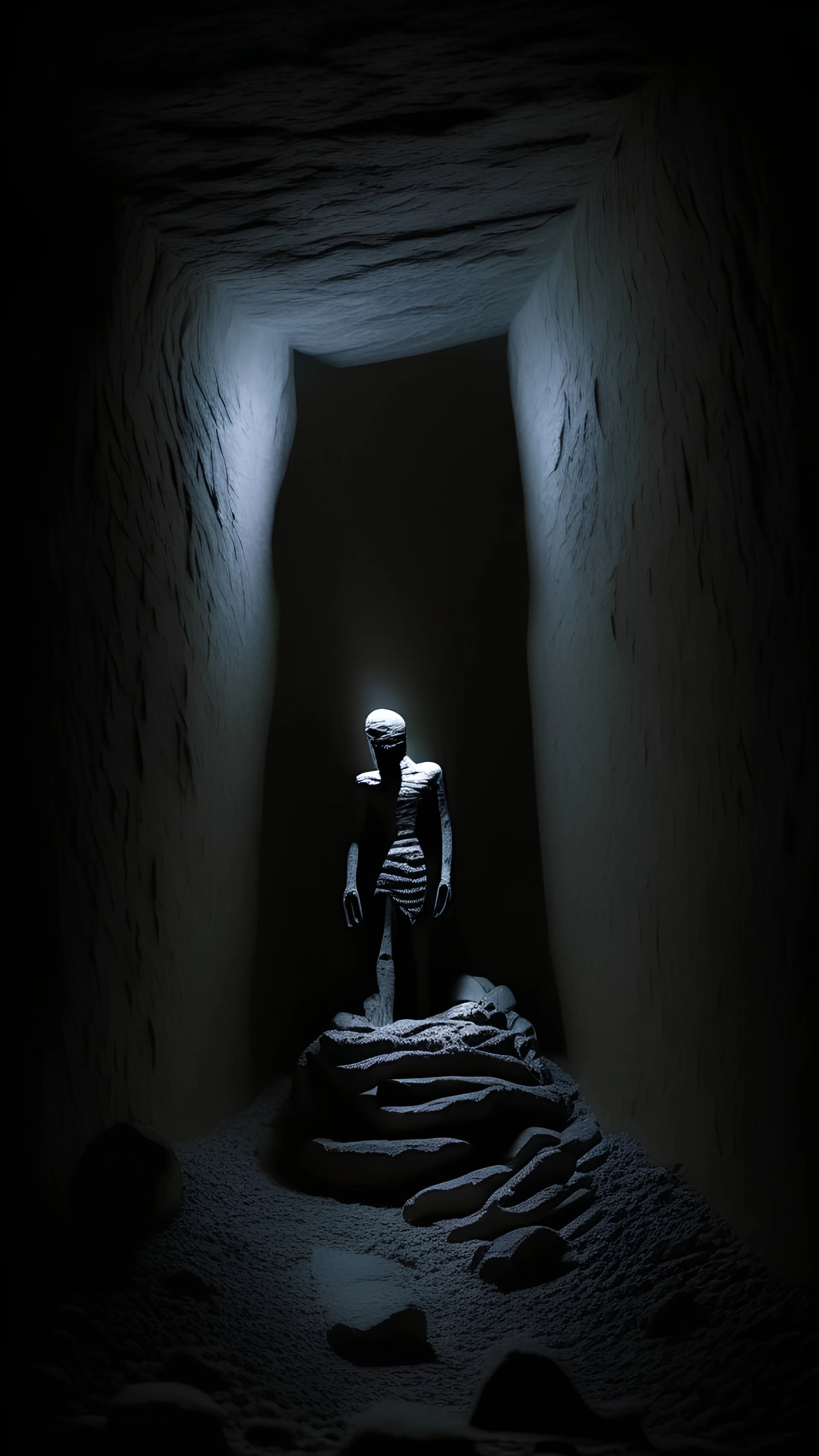 sculpture of a figure in semi-darkness, on the scree cone of an underground room dimly lit by daylight coming from a well located forty meters above.