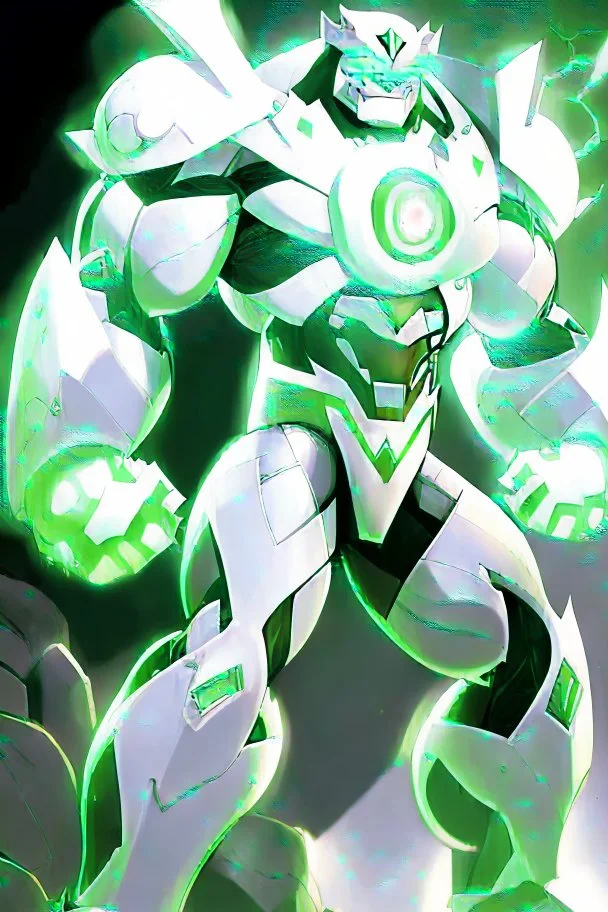 A new space creature from Ben 10 cartoon. Strong and graceful. From the White Tiger faction. Advanced hybrid metal golem. And the diamonds. He has a glowing green tattoo in the shape of old magic words