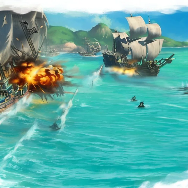Two pirate ships fight each other at sea. Firing cannons.