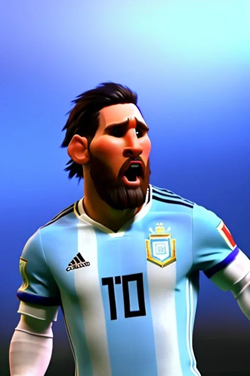 Realistic Messi Argentina soccer player Portrait, mid shot low view, concept art, art station, 3d, photo studio, blue clean background, unreal engine 5, ray tracing, RTX, lumen lighting, ultra detail, volumetric lighting.