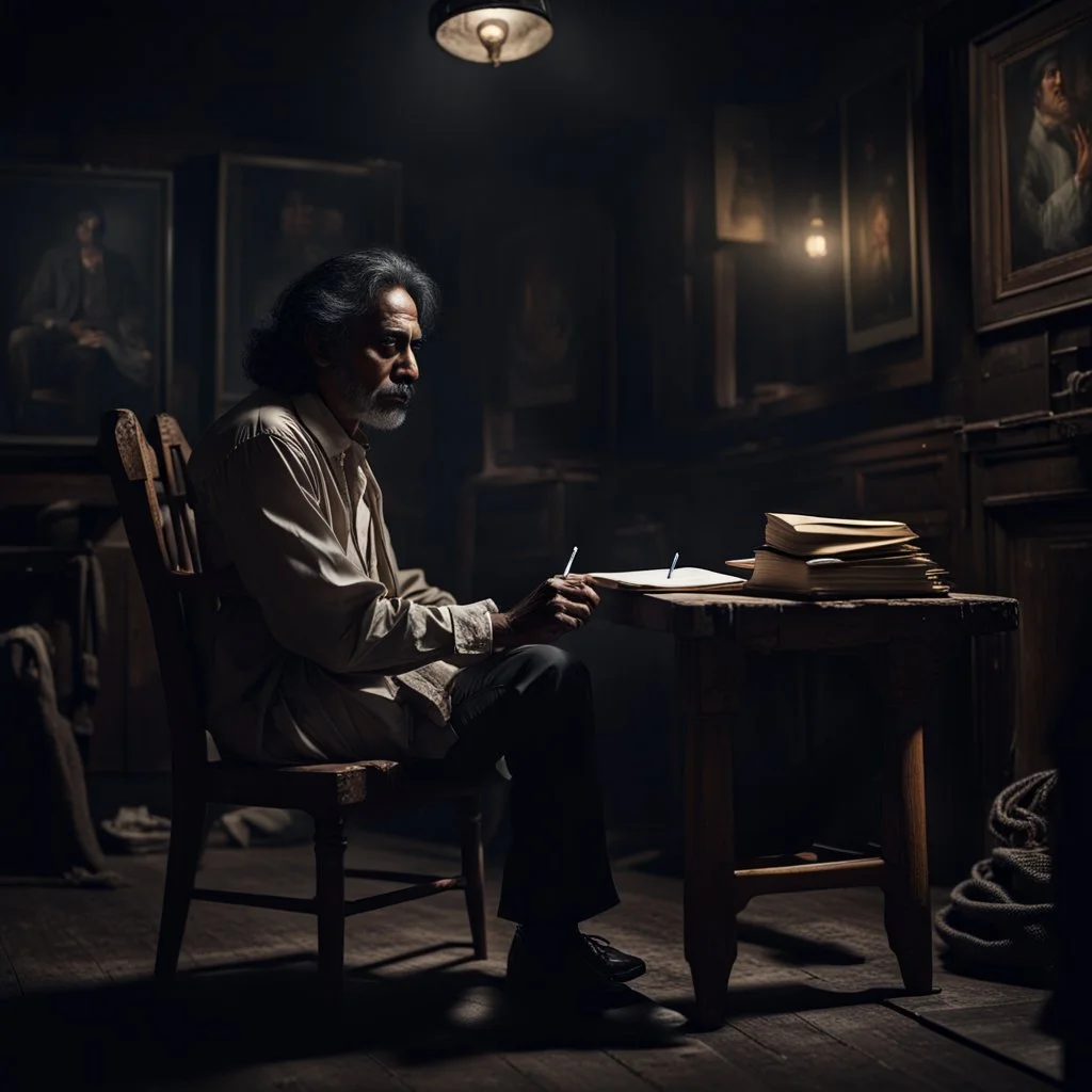 Hyper Realistic Jaun Elia Poet Sitting A Wooden Chair In His Dark Vintage Room Writing Poetry With Cigarette In His Other Hand At Dark Night With Cinematic & Dramatic Ambiance.