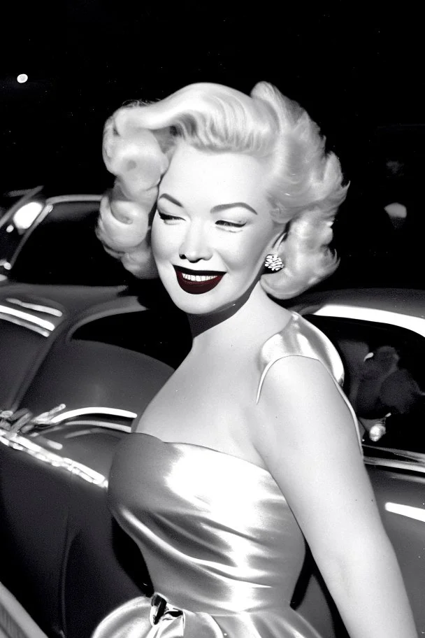 50s movie star queen with blonde hair entering a gala