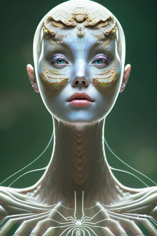 portrait photography of ethereal beauty as spider goddess, 8K, Portrait of a woman by Michelangelo, close-up face, anatomically perfect face, a sunny atmosphere, Pine tree roots, clean face