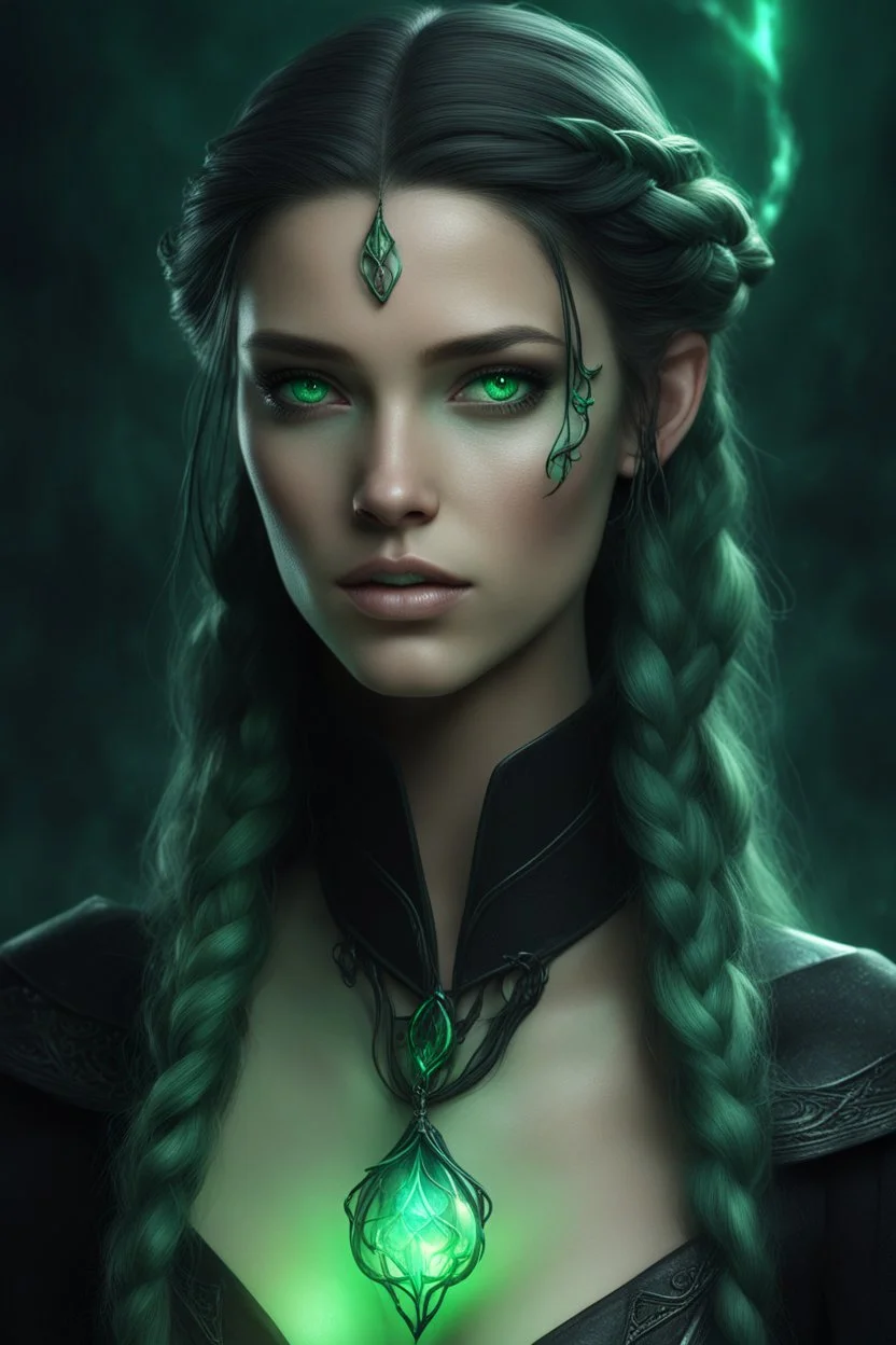 Young beautiful female warlock Hexblood. Skin is lightly tanned. Hair is long, silky jet black with elegant half braids and straight flowing hair. Eyes glow pale emerald green. Delicate face, full lips, high cheekbones. Dark magical vine markings on neck and collarbone. Mysterious and enchanting. Realistic, cinematic, highly detailed dark fantasy.