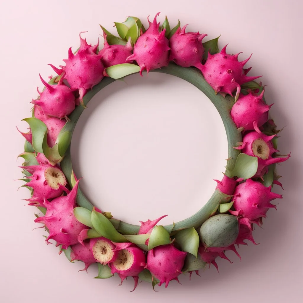 Round picture frame in the colors of dragon fruit on a light background to remove