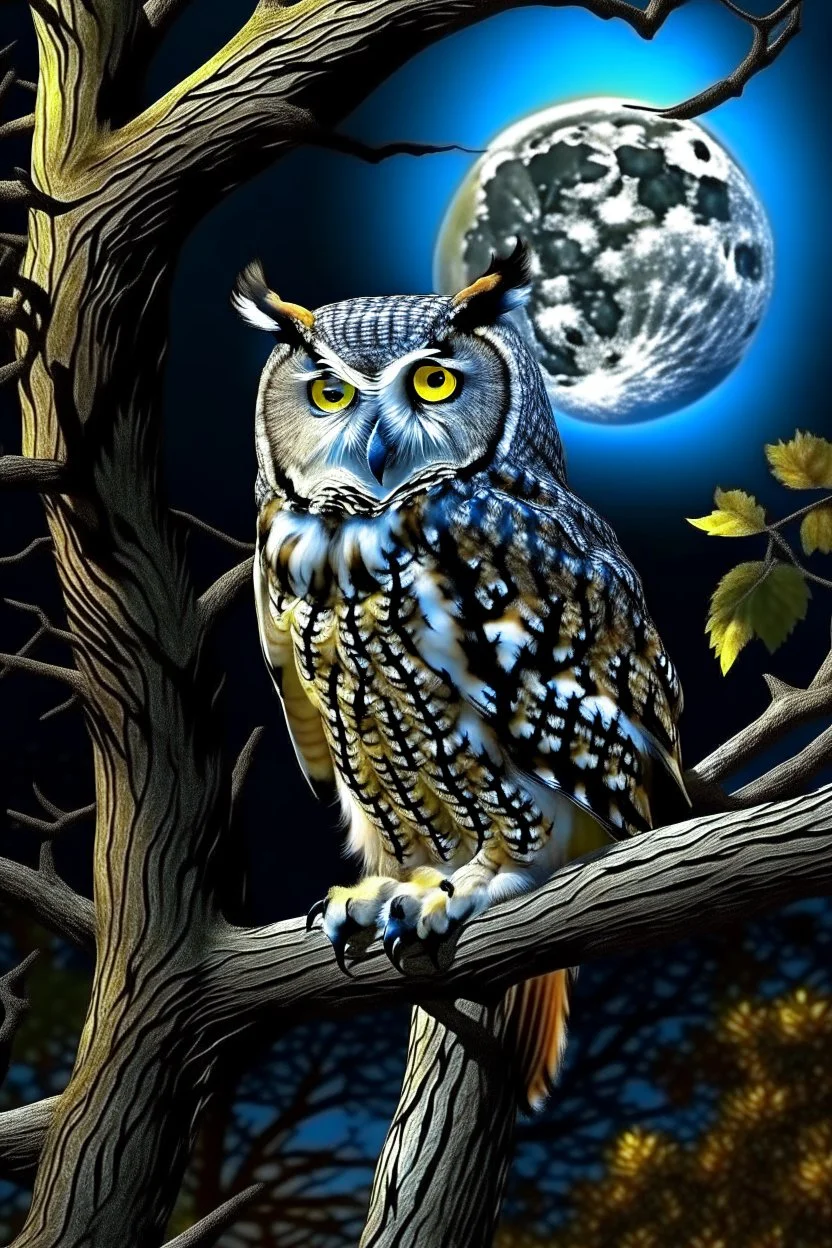 a horned Owl sitting on branch in oak tree with full moon behind it