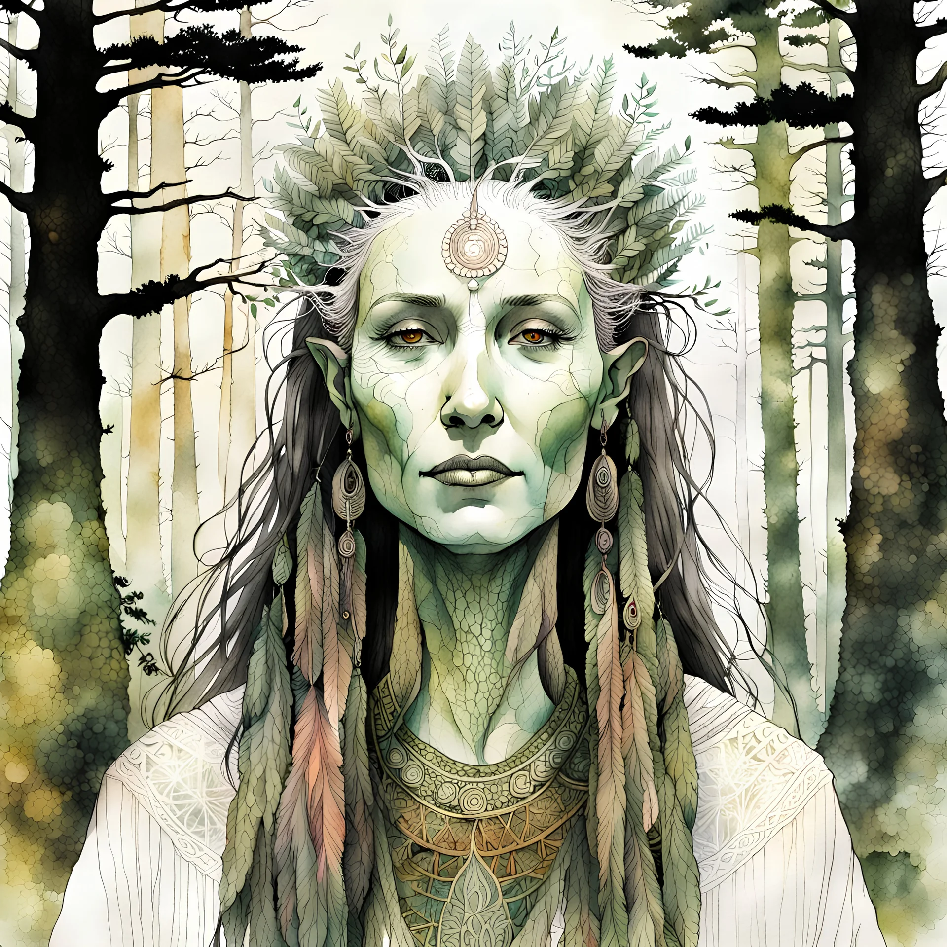 create an ink wash and watercolor full body portrait of a pale female tribal druid priestess, with highly detailed, delicate feminine facial features, inhabiting an ethereal Northern forest of ancient hemlocks, in the comic book style of Jean Giraud Moebius, David Hoskins, and Enki Bilal, precisely drawn, boldly inked, with vibrant colors