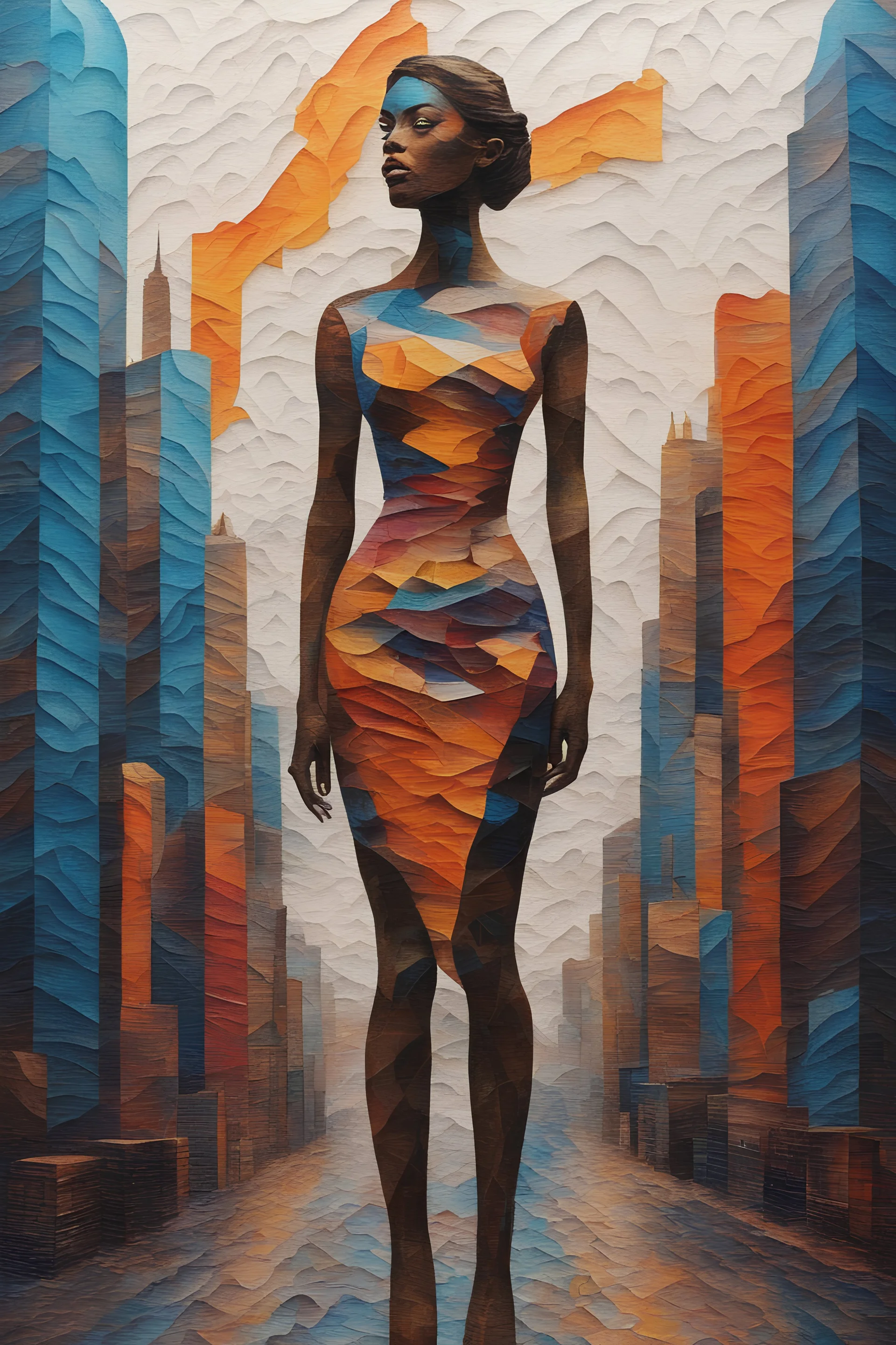 an impasto painting of a woman standing in front of a city, op art, retro 3 d graphics, bronze - skinned, geometric curves, featured art, ink leak, philosophical splashes of colors, art brought to life, facial symmetry