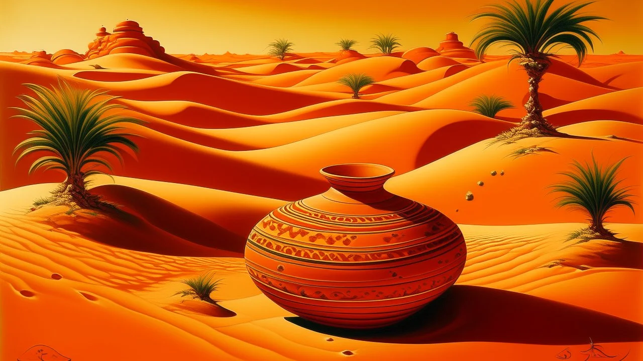 An orange desert with sizzling sands designed in African pottery painted by Lucas van Leyden
