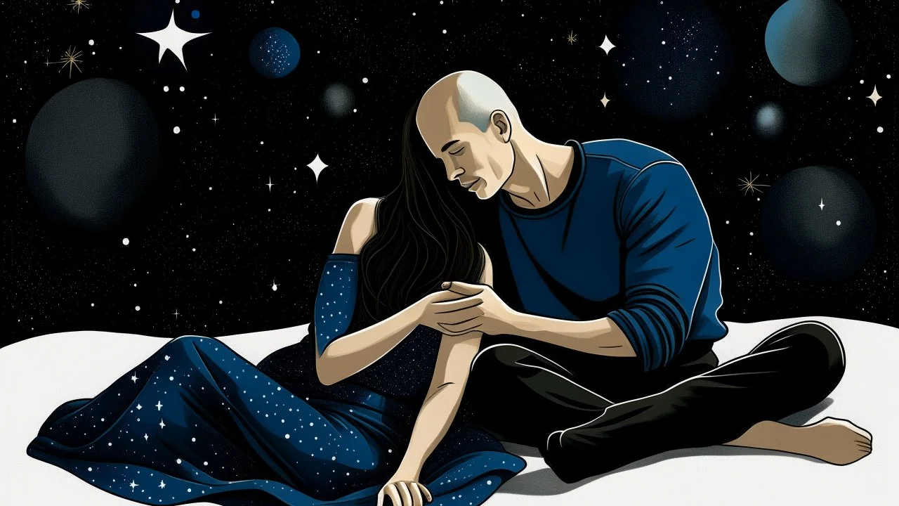 A woman with long hair is reclining on a black pillow, resting her head gently on a man's lap. The man, with a bald head, is seated and holds a small, dark blue object in his hands. They are situated on a grid-like surface, which is contrasted by a few scattered stars. Two tall, thin objects stand upright beside the man, possibly indicating a laboratory or experimental setting. The woman's pose and the man's actions suggest a moment of relaxation or contemplation.