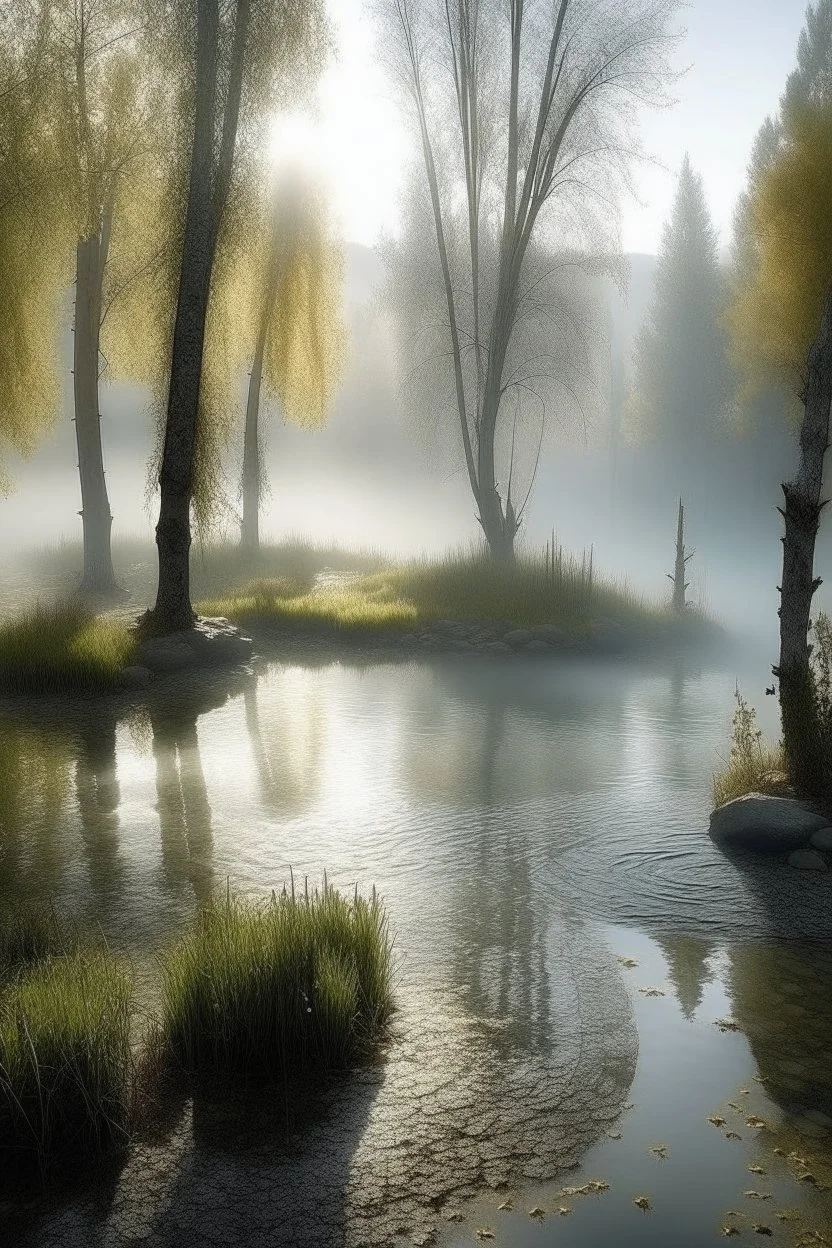 Circle pond, soft fog, with light breaking through, tall white birch trees, and a stone path flanking both sides of the pond going up to a gazebo, mystic fantasy genre